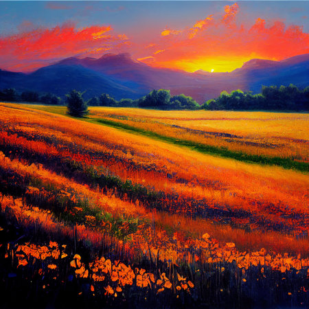 Beautiful sunset landscape of mountains and fields with flowers at sunset. High quality illustrationの写真素材