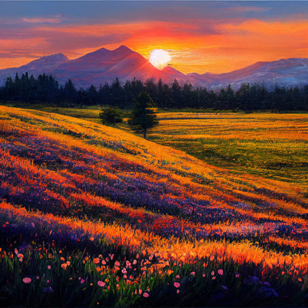 Beautiful sunset landscape of mountains and fields with flowers at sunset. High quality illustrationの写真素材