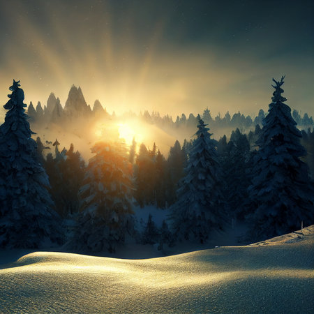 Colorful landscape of the winter forest. High quality illustrationの写真素材