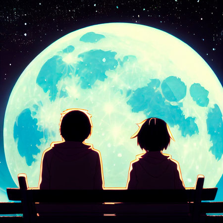 Lovers look at the moon in the night sky in the Anime styleの写真素材