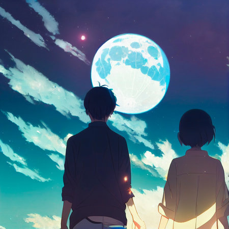 Lovers look at the moon in the night sky in the Anime styleの写真素材