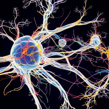 Colorful close-up illustration of a neuron. Biology and Scienceの写真素材