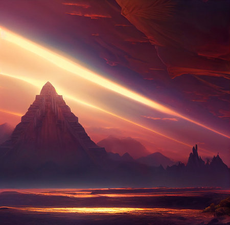 Pyramid in the mountains, view from the grotto of a huge cave, golden sunset. High quality illustrationの写真素材