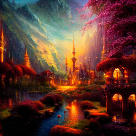Beautiful fabulous city located on the river. Warm light in houses and lanterns. High quality illustrationの写真素材