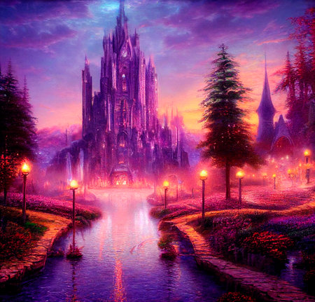 Castle located on the river. Warm light in houses and lanterns. High quality illustrationの写真素材