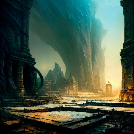 Lost world under a gloomy sky. Remains, ruins. ancient buildings. High quality illustrationの写真素材