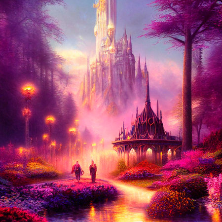 Beautiful fabulous city located on the river. King with advisor on a walk. High quality illustrationの写真素材