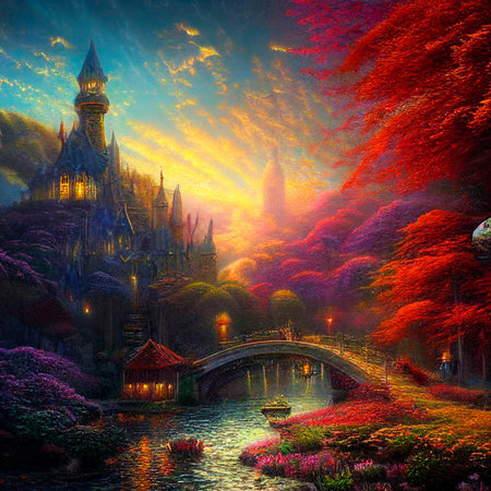 Beautiful fabulous city located on the river. Warm light in houses and lanterns. High quality illustrationの写真素材