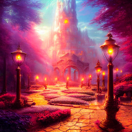 Beautiful fabulous city located on the river. Warm light in houses and lanterns. High quality illustrationの写真素材