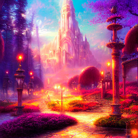 Beautiful fabulous city located on the river. Warm light in houses and lanterns. High quality illustrationの写真素材