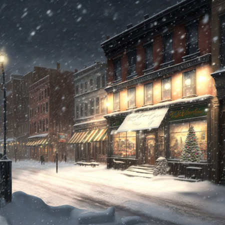 Illustration of snow-covered city streets decorated for Christmas. High quality illustrationの写真素材
