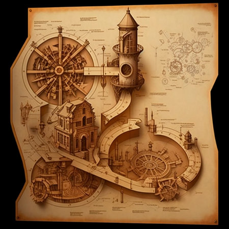 3d drawings of an unusual steampunk city, a city diagram. High quality illustrationの写真素材