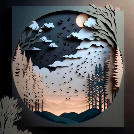 multi-layered crafts made of paper. Mountains, trees, forest and clouds. High quality illustrationの写真素材