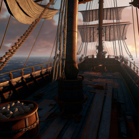 view from the deck of a ship with masts and sails.High auality illustrationの写真素材