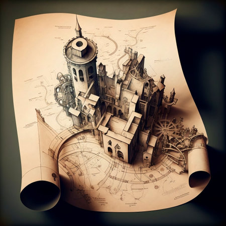 3d drawings of an unusual steampunk city, a city diagram. High quality illustrationの写真素材