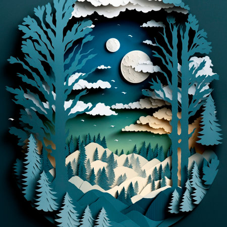 multi-layered crafts made of paper. Mountains, trees, forest and clouds. High quality illustrationの写真素材