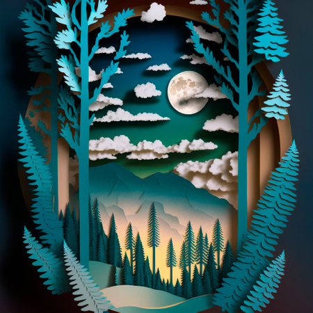 multi-layered crafts made of paper. Mountains, trees, forest and clouds. High quality illustrationの写真素材