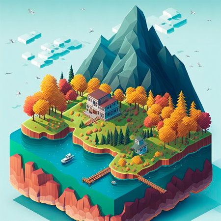 isometric image of the nature of a reservoir and houses in the mountains. High quality illustrationの写真素材