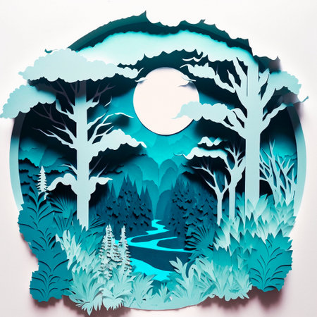 multi-layered crafts made of paper. Mountains, trees, forest and clouds. High quality illustrationの写真素材