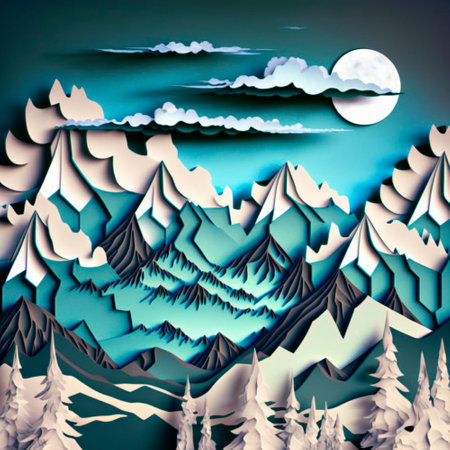 multi-layered crafts made of paper. Mountains, trees, forest and clouds. High quality illustration
