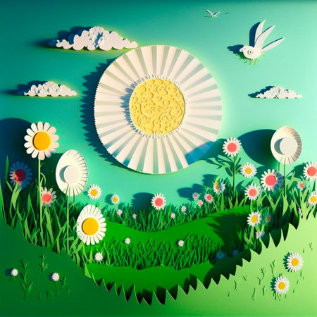 multi-layered crafts made of paper. Sun, flowers and a green garden. High quality illustrationの写真素材