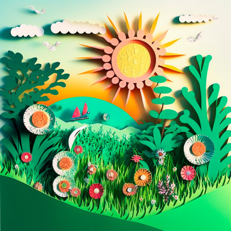 multi-layered crafts made of paper. Sun, flowers and a green garden. High quality illustrationの写真素材
