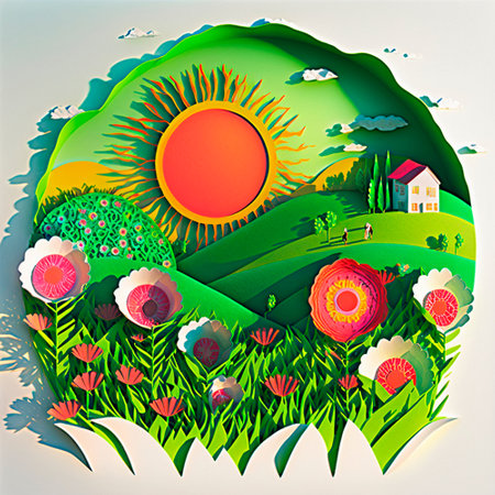 multi-layered crafts made of paper. Sun, flowers and a green garden. High quality illustrationの写真素材