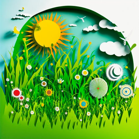 multi-layered crafts made of paper. Sun, flowers and a green garden. High quality illustrationの写真素材