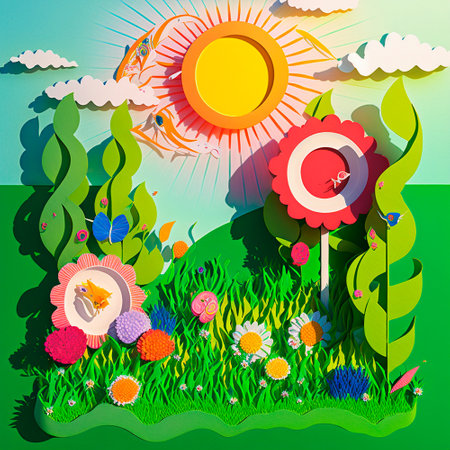 multi-layered crafts made of paper. Sun, flowers and a green garden. High quality illustrationの写真素材