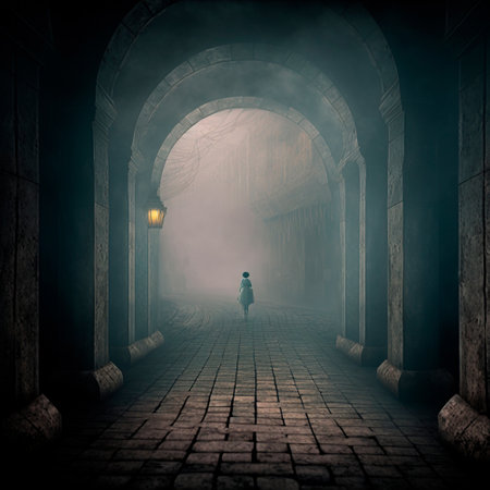 The lonely figure of a girl in a gloomy city. High quality illustrationの写真素材