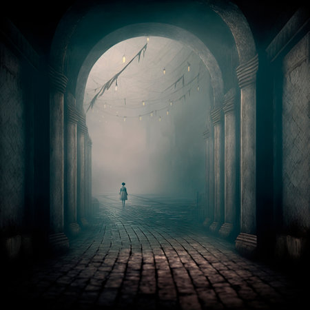 The lonely figure of a girl in a gloomy city. High quality illustrationの写真素材