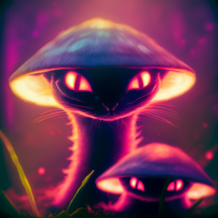 Symbiosis of a cat and a forest mushroom. High quality illustrationの写真素材
