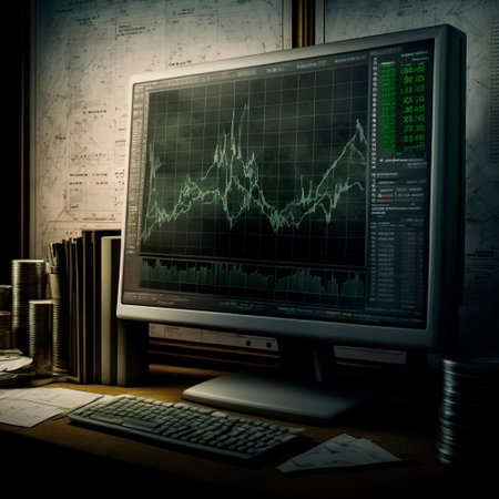 computer and screens with graphs in the office in retro style, graph analysis and world map. High quality illustrationの写真素材