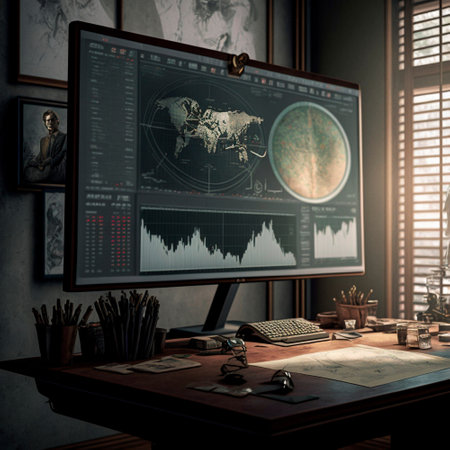 computer and screens with graphs in the office in retro style, graph analysis and world map. High quality illustrationの写真素材
