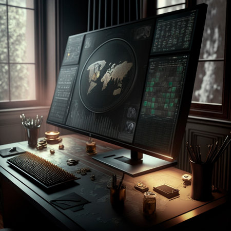 computer and screens with graphs in the office in retro style, graph analysis and world map. High quality illustrationの写真素材
