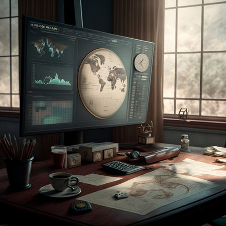 computer and screens with graphs in the office in retro style, graph analysis and world map. High quality illustrationの写真素材