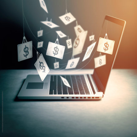 laptop on the table, monitor in the air, graphics of dollars in the air in front of the laptop ,business. High quality illustrationの写真素材