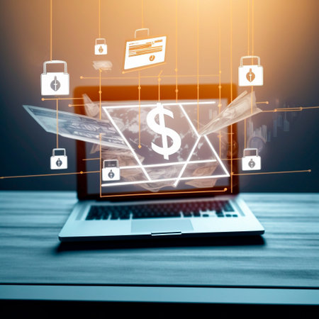 laptop on the table, monitor in the air, graphics of dollars in the air in front of the laptop ,business. High quality illustrationの写真素材