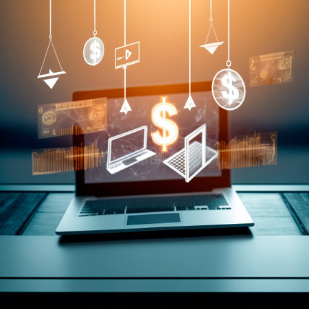 laptop on the table, monitor in the air, graphics of dollars in the air in front of the laptop ,business. High quality illustrationの写真素材