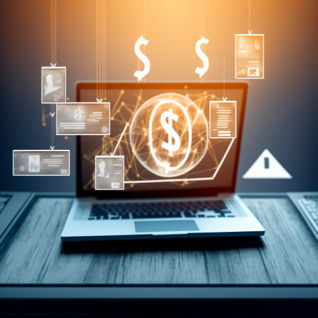 laptop on the table, monitor in the air, graphics of dollars in the air in front of the laptop ,business. High quality illustrationの写真素材