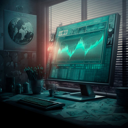 computer and screens with graphs in the office in retro style, graph analysis and world map. High quality illustrationの写真素材