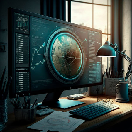 computer and screens with graphs in the office in retro style, graph analysis and world map. High quality illustrationの写真素材