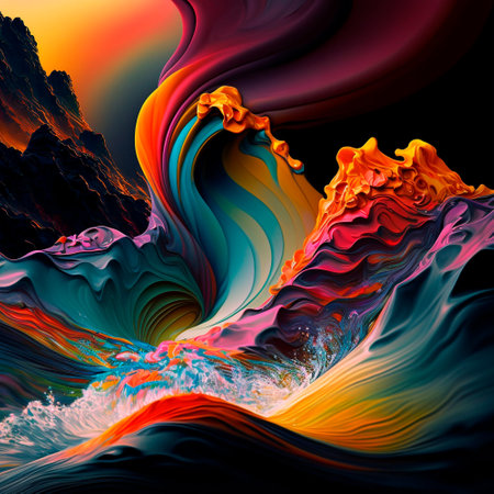 A rainbow stream splashes in the mountains. High quality illustrationの写真素材