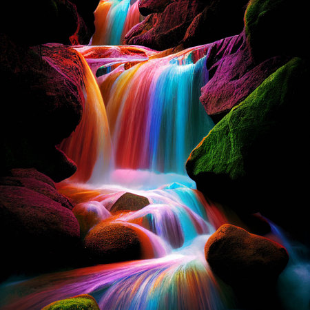 mountain stream with water shimmering with rainbow colors. High quality illustrationの写真素材