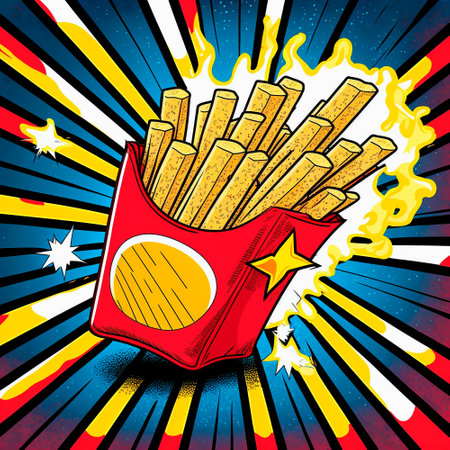 french fries in red packaging, retro art. High quality illustrationの写真素材
