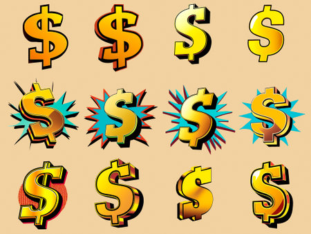 A colorful set of icons with images of the dollar in the style of pop artの写真素材