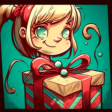 Illustration of a girl who received her Christmas gift. High quality photoの写真素材