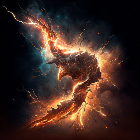 Abstract image of the energy of fire and lightning, which mix into something unified. High quality illustrationの写真素材