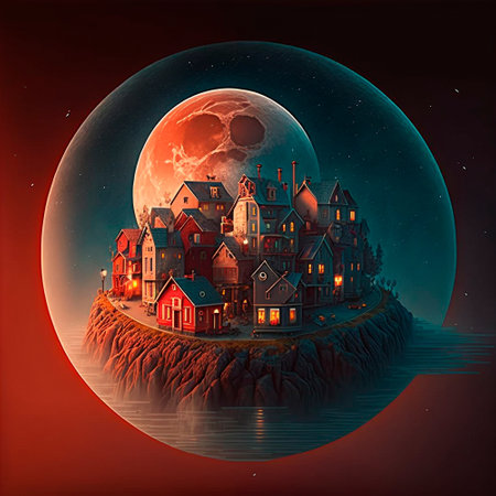 A cartoon image of a fantasy town against the background of a huge red moon. High quality photo