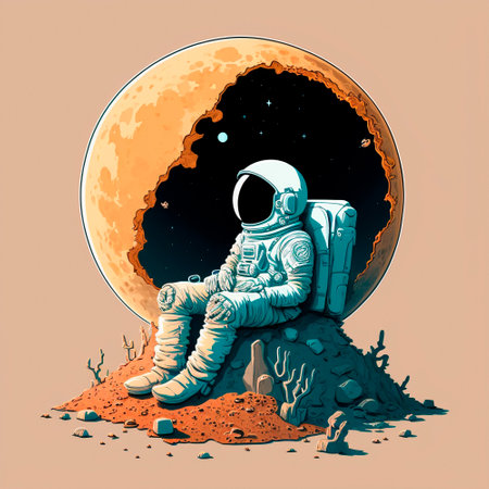 Cartoon image of an astronaut sitting on a moon. High quality illustrationの写真素材